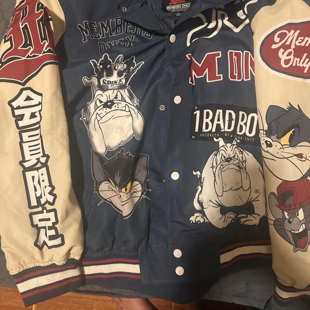 Members Only Navy and Cream Cartoon Varsity Jacket